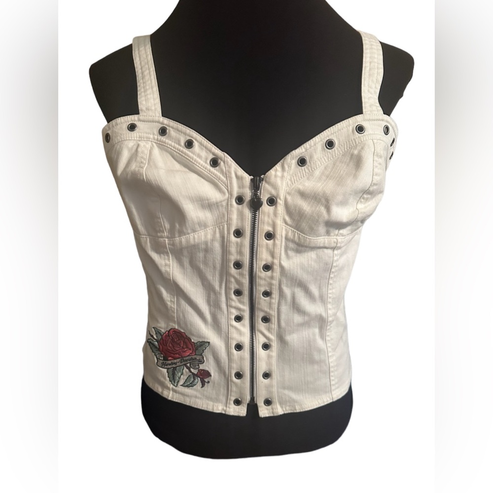 Harley Davidson Denim Corset Bustier Top Beige In Color Embroidered Y2K, 2000’s